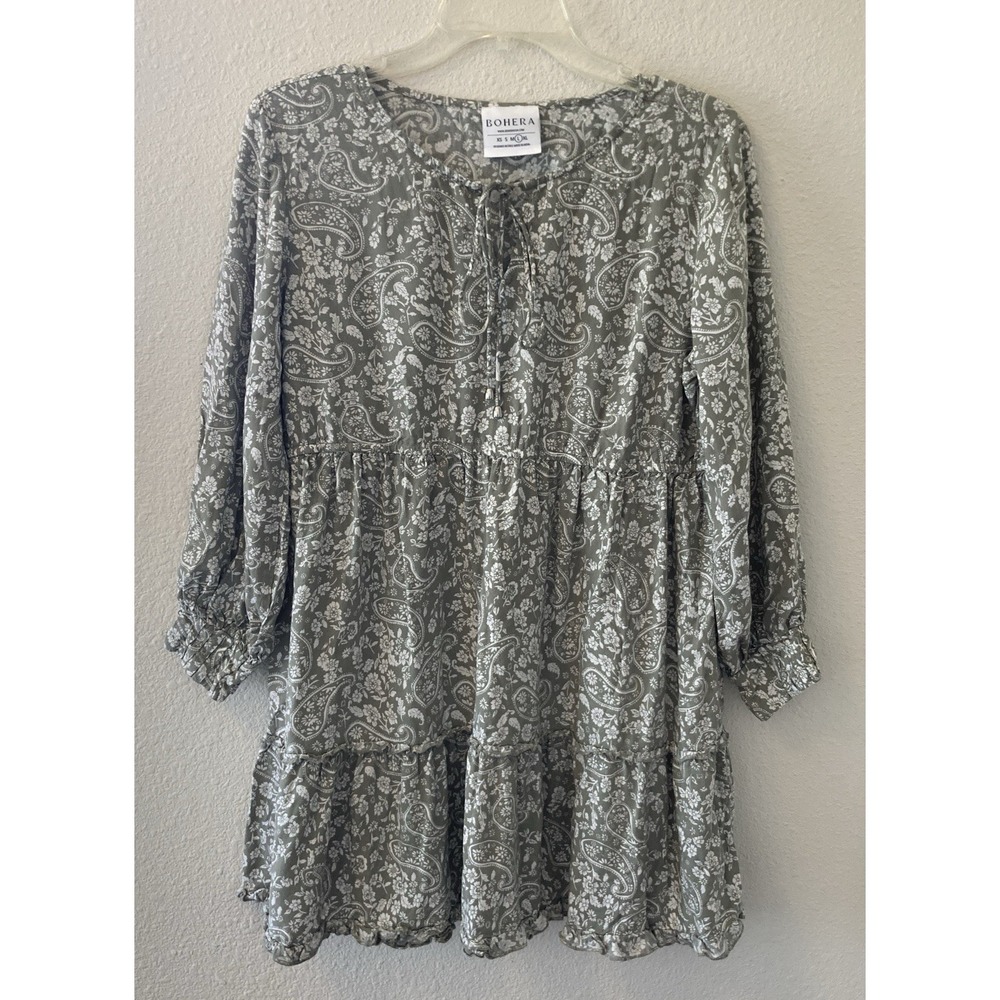 Bohera Women's Dress Sz L Green Paisley Babydoll Mini Boho Cottagecore Stretchy